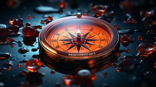 A compass on a black background with water drops.