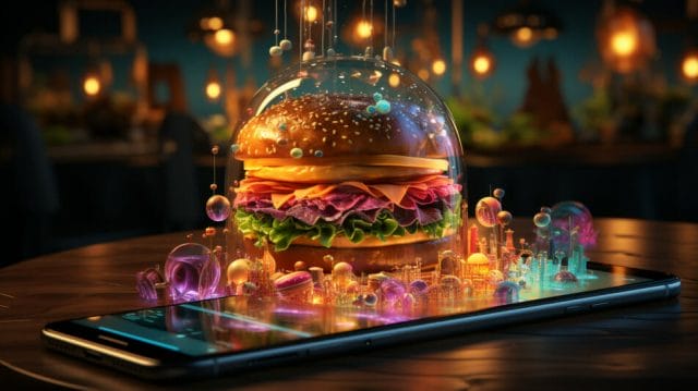 An image of a hamburger in a glass bottle on a smartphone.