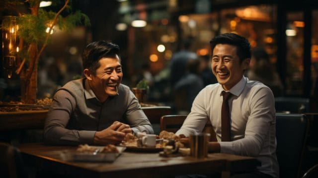 Two asian men sitting at a table in a restaurant.