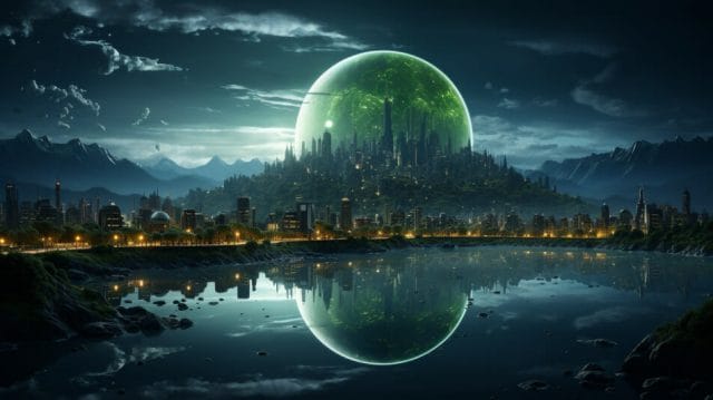 A futuristic city with a green sphere in the middle of a lake.