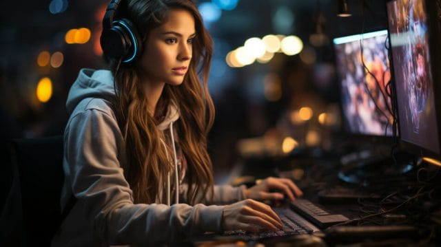 A woman wearing headphones is playing a game on a computer.