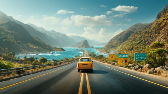 A yellow van driving down a road with mountains and ocean in the background.