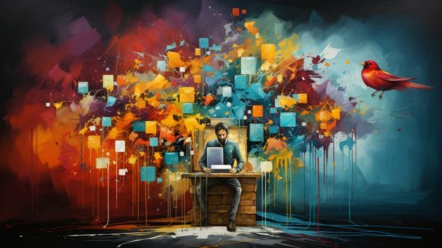 A colorful painting of a man sitting at a desk.