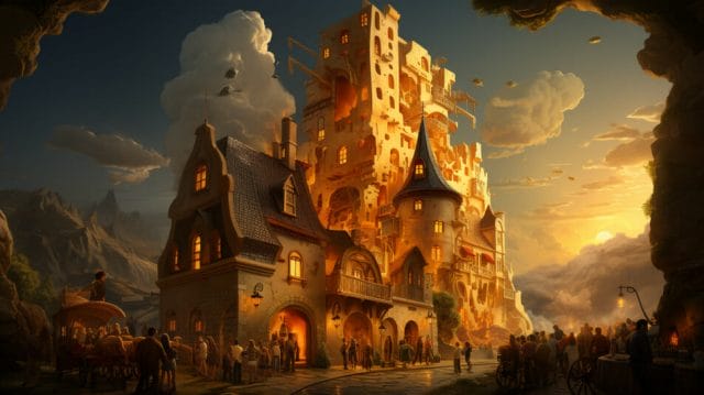 A painting of a castle with people walking around it.