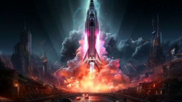 An image of a spaceship flying over a city.