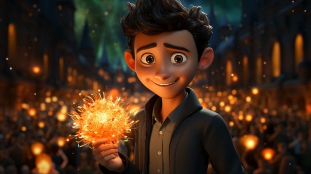 A boy holding a firework in front of a crowd of people.