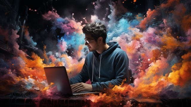A man working on a laptop in front of colorful smoke.
