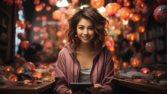 A young woman using a tablet computer in a library.