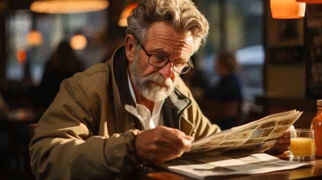 An older man reading a newspaper in a cafe.