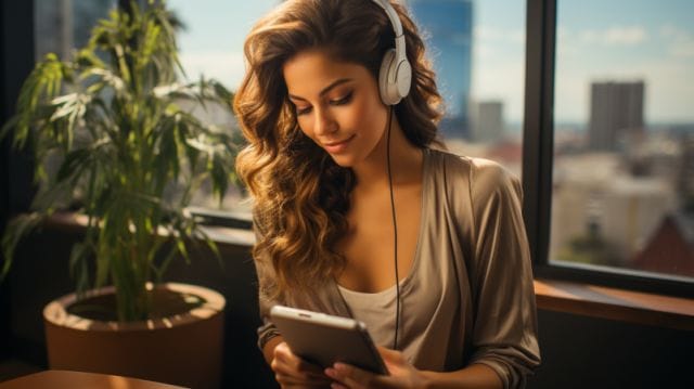 A woman listening to music on her phone.