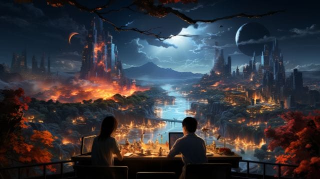 Two people sitting at a table in front of a city at night.