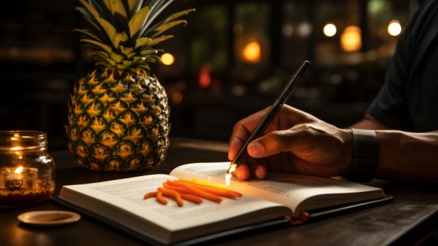 A man writing in a book with a pineapple and carrots.