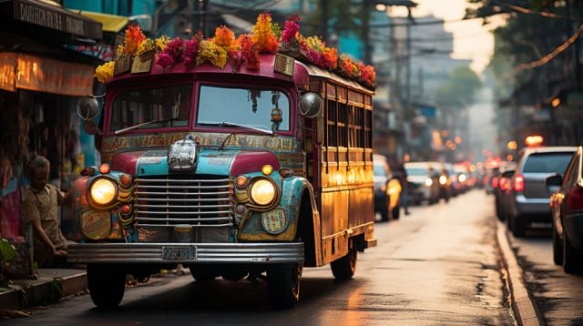 A colorful bus driving down a city street.