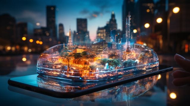 Influencer Marketing: A Revolution in Philippine Business Landscape | Lime Digital Asia A person holding a smartphone with a cityscape in it.