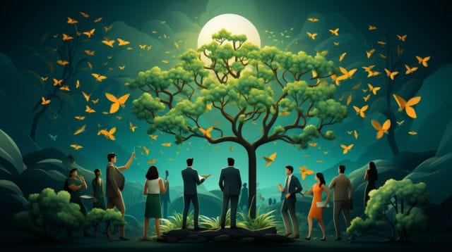A group of people standing around a tree with butterflies flying around them.