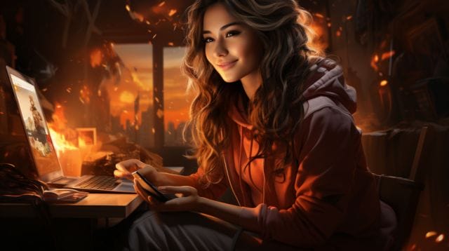 A girl sitting at a desk with a laptop in front of a fire.