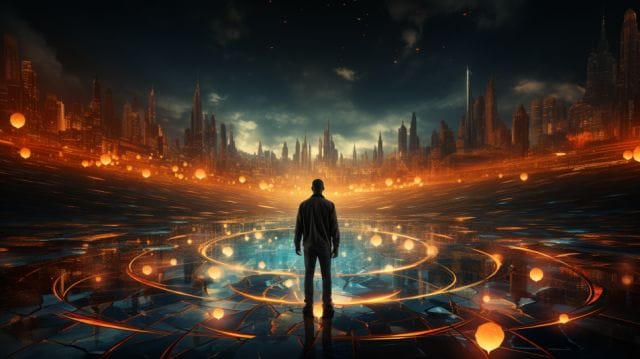 A man standing in front of a futuristic city.