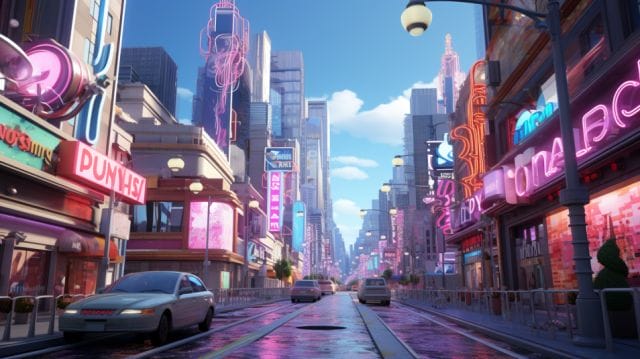A city street with neon signs and cars.