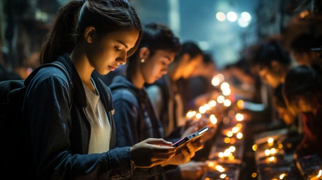 A group of people looking at their phones while lighting candles.