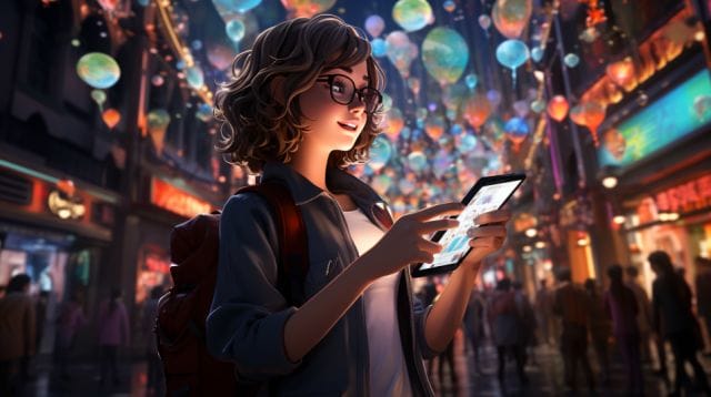 A girl is holding a tablet while walking down a street.