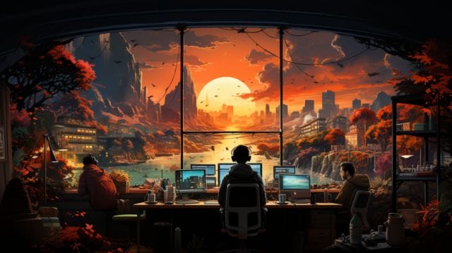 A man sitting at a desk in front of a sunset.