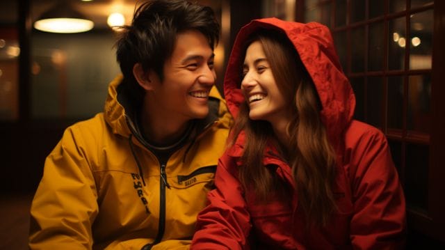 A man and woman in red jackets smiling at each other.