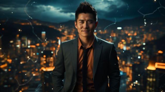 A man in a suit standing in front of a city at night.