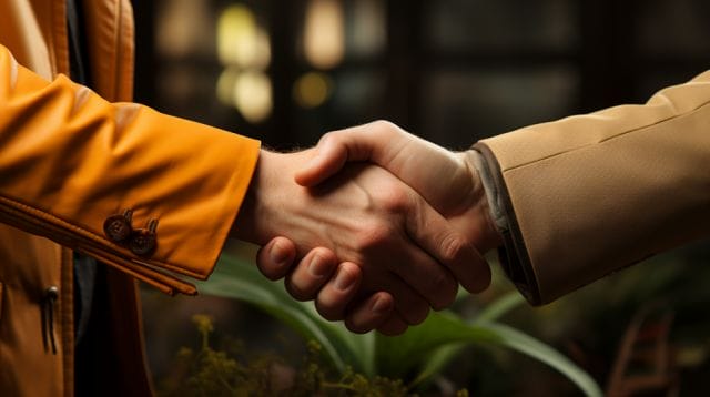 Two people shaking hands in front of a plant.
