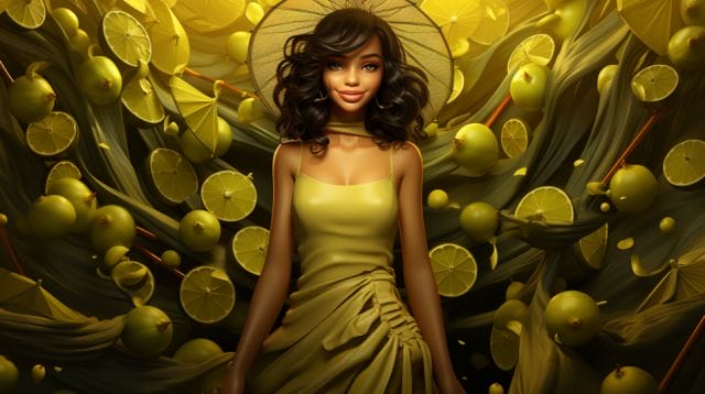 A woman in a yellow dress is surrounded by lemons.
