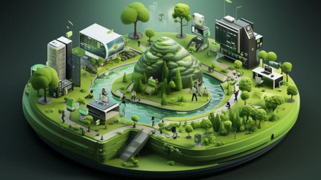 A 3d illustration of a green city with trees and a river.