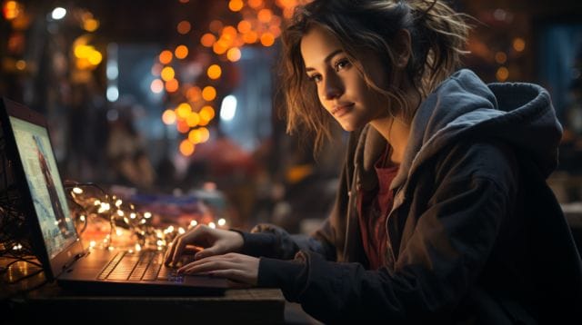 A woman is using a laptop with lights on it.