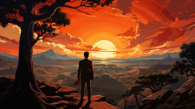A man is standing on a cliff overlooking a sunset.