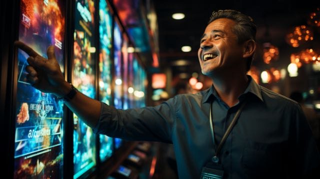 A man pointing at a slot machine in a casino.