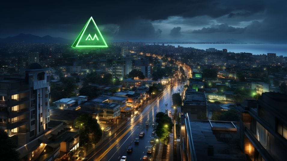 A city at night with a green triangle in the sky.