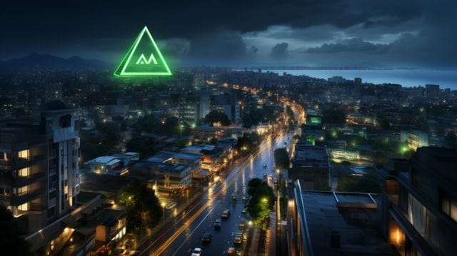 A city at night with a green triangle in the sky.