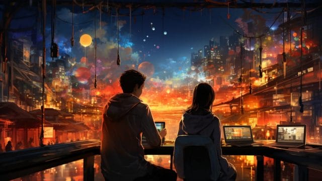 Two people sitting at a table with laptops in front of a city.
