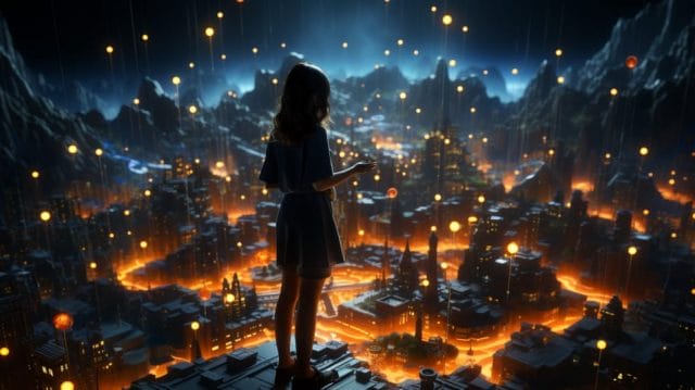 A girl standing on top of a city at night.