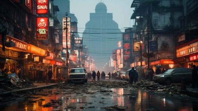 An asian city at night with people walking down the street.