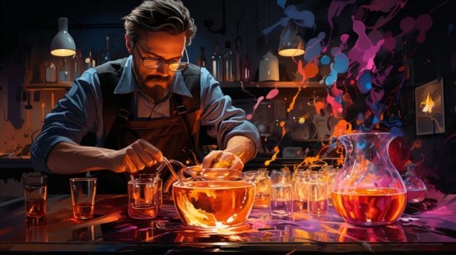 A man is making a potion in a dark room.