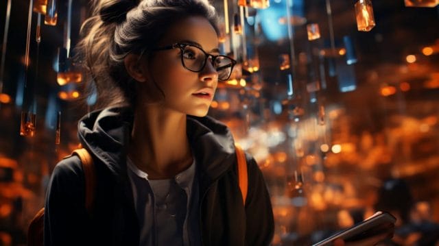 A girl in glasses is looking at her phone in a dark room.