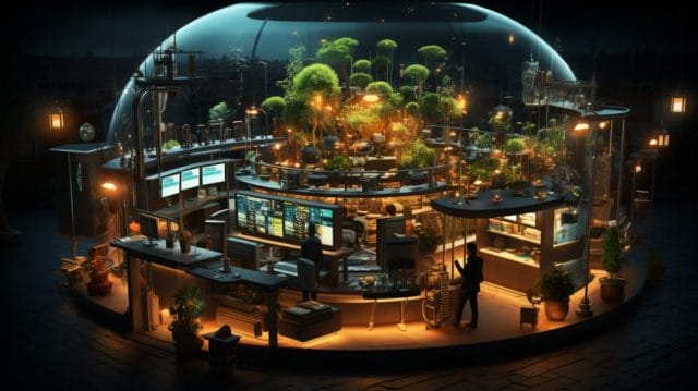 A glass dome with plants inside of it.