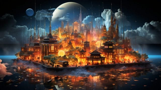 An image of a city on fire in the water.