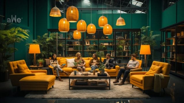 A group of people sitting on yellow couches in a room.