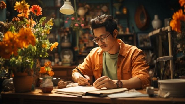 Influencer Marketing in the Philippines: A Beginner's Guide | Lime Digital Asia A man is sitting at a table and writing in a notebook.