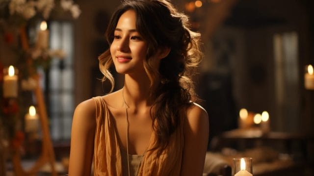 A beautiful woman sitting at a table with candles.