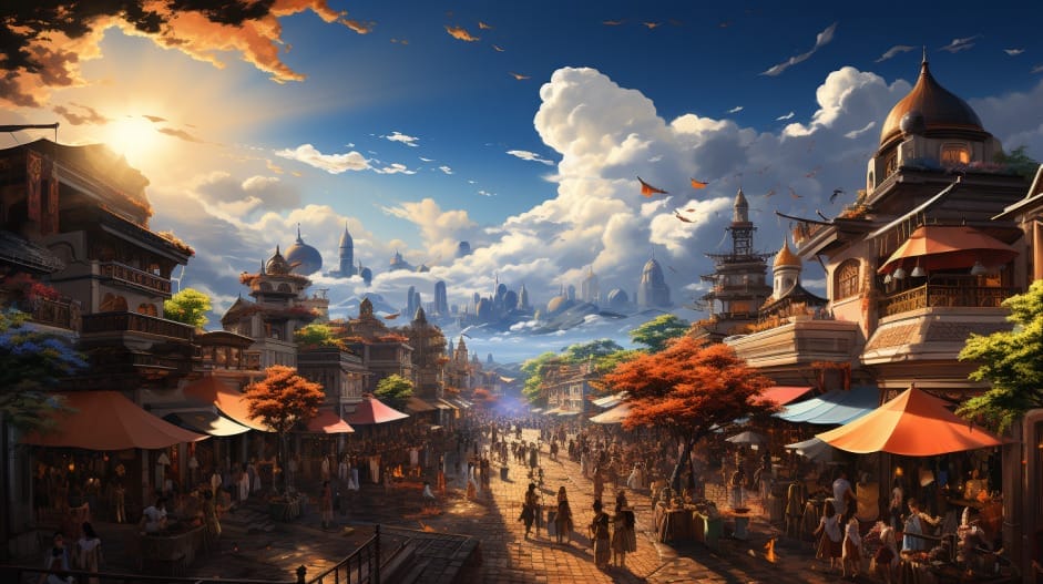 An image of a fantasy town with people walking down the street.