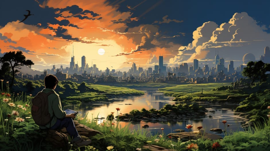 A man is sitting on a hill overlooking a city.