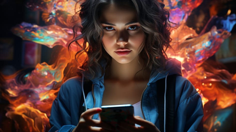 A girl holding a cell phone in front of fire.