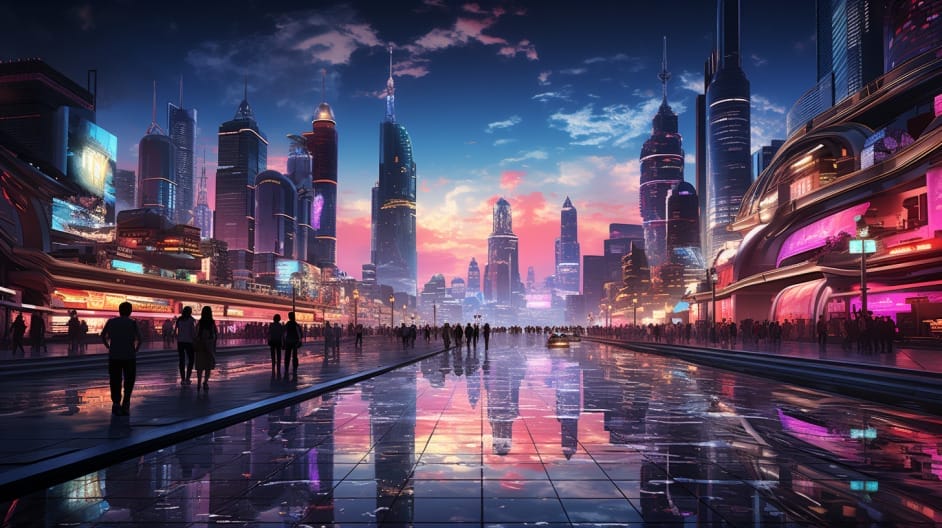 A futuristic city at night with people walking around.