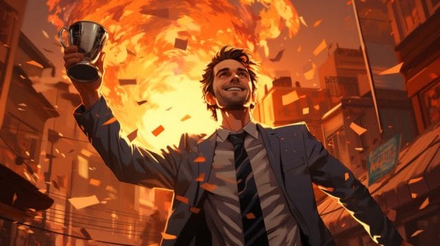 A man in a suit is holding a cup in front of an explosion.